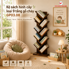 Kệ Sách Hình Cây Loại 9 Tầng Gỗ Cháy GP03.08 - Decor Phòng Khách, Góc Đọc Sách Cho Bé