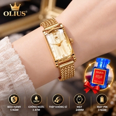 ĐỒNG HỒ NỮ OLIUS MẶT CHỮ NHẬT 24MM – MẶT VÀNG – DÂY THÉP TẾT SỢI FULL VÀNG