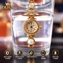 ĐỒNG HỒ NỮ OLIUS MẶT TRÒN 26MM – MẶT VÀNG – DÂY NGỌC TRAI TRẮNG – THÉP VÀNG HỒNG – MÁY QUARTZ