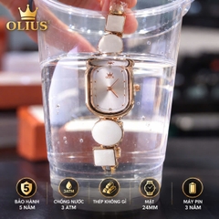 ĐỒNG HỒ NỮ OLIUS MẶT CHỮ NHẬT 24MM - DÂY NGỌC TRẮNG VÀNG HỒNG - MÁY QUARTZ