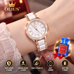 ĐỒNG HỒ NỮ OLIUS 28MM VÀNG HỒNG MẶT TRẮNG – DÂY GỐM SỨ – ĐÍNH ĐÁ PHA LÊ – MÁY QUARTZ