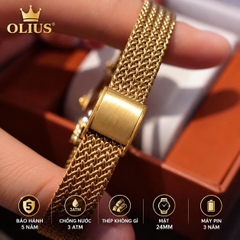 ĐỒNG HỒ NỮ OLIUS MẶT CHỮ NHẬT 24MM – MẶT VÀNG – DÂY THÉP TẾT SỢI FULL VÀNG