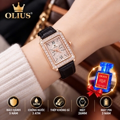 ĐỒNG HỒ NỮ OLIUS MẶT CHỮ NHẬT FULL ĐÍNH ĐÁ 26MM - DÂY DA THẬT - MÁY QUARTZ