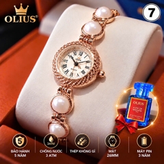 ĐỒNG HỒ NỮ OLIUS MẶT TRÒN 26MM – MẶT VÀNG – DÂY NGỌC TRAI TRẮNG – THÉP VÀNG HỒNG – MÁY QUARTZ