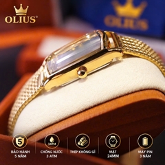 ĐỒNG HỒ NỮ OLIUS MẶT CHỮ NHẬT 24MM – MẶT VÀNG – DÂY THÉP TẾT SỢI FULL VÀNG