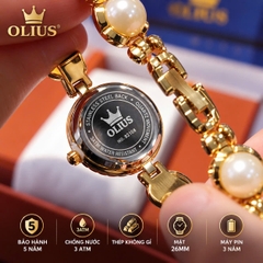 ĐỒNG HỒ NỮ OLIUS MẶT TRÒN 26MM – MẶT VÀNG – DÂY NGỌC TRAI TRẮNG – THÉP VÀNG HỒNG – MÁY QUARTZ