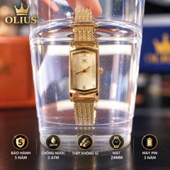 ĐỒNG HỒ NỮ OLIUS MẶT CHỮ NHẬT 24MM – MẶT VÀNG – DÂY THÉP TẾT SỢI FULL VÀNG