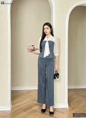 Sơ mi kẻ phối tơ nơ vạt xinh xắn, phong cách UKSM2409019