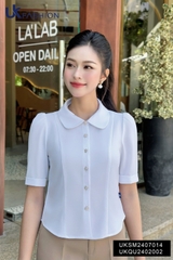 Áo Sơ Mi Cổ Sen 7 Mảnh Cúc Hoa UK Fashion Công Sở Nữ Thanh Lịch, Vải Mềm Mịn UKSM2407014