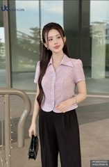 Sơ mi hoạ tiết bo gấu V cổ xinh xắn, mềm nhẹ UKSM2505020