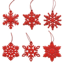 Set 6 phụ kiện hình bông tuyết đỏ và trắng bằng gỗ decor treo trang trí cây thông noel ngày lễ giáng sinh
