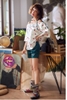 Bộ ngủ lụa quần đùi trễ vai họa tiết cherry dễ thương