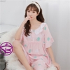 Đồ ngủ nữ - Đồ bộ lửng có tay mặc nhà đẹp chất cotton lụa mịn mát phối ren công chúa MÀU xanh và hồng