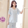 Đồ ngủ nữ - Đồ bộ lửng có tay mặc nhà đẹp chất cotton lụa mịn mát phối ren công chúa MÀU xanh và hồng