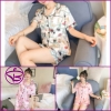 Bộ ngủ pijama nữ vải lụa quần đùi tay ngắn họa tiết