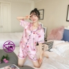 Bộ ngủ pijama nữ vải lụa quần đùi tay ngắn họa tiết