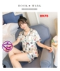 Bộ ngủ pijama nữ vải lụa quần đùi tay ngắn họa tiết