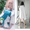 Đầm ngủ pijama kiểu dáng sơ mi hàng thiết kế chất vải lụa cao cấp - Váy ngủ sơ mi đẹp dài tay màu trắng in hình