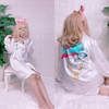 Đầm ngủ pijama kiểu dáng sơ mi hàng thiết kế chất vải lụa cao cấp - Váy ngủ sơ mi đẹp dài tay màu trắng in hình