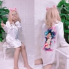 Đầm ngủ pijama kiểu dáng sơ mi hàng thiết kế chất vải lụa cao cấp - Váy ngủ sơ mi đẹp dài tay màu trắng in hình