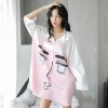 Đầm ngủ pijama kiểu dáng sơ mi hàng thiết kế chất vải lụa cao cấp - Váy ngủ sơ mi đẹp dài tay màu trắng in hình