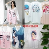 Đầm ngủ pijama kiểu dáng sơ mi hàng thiết kế chất vải lụa cao cấp - Váy ngủ sơ mi đẹp dài tay màu trắng in hình