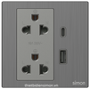 Module Ổ cắm đôi EU-US có tiếp địa tích hợp sạc USB A + C (16A 250V) (Metal) màu Brushed Grey Simon M7 661E7251M-2B