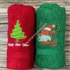 Khăn bông quà tặng Noel màu xanh - Thêu họa tiết