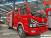 Xe chữa cháy Jingma 2 khối màu đỏ nhìn góc ba phần tư phía trước, cabin kép trên khung gầm Dongfeng tại xưởng