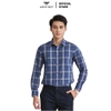 Áo Sơ Mi Nam Dài Tay Aristino ALS12802 màu xanh than kẻ trắng dáng suông regular fit tà lượn có túi ngực chất liệu sợi tre