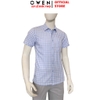 Áo sơ mi nam tay ngắn Owen AB260053NT màu xanh nhạt kẻ caro dáng suông body fit tà bằng có túi chất liệu Bamboo polyester