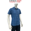 Áo sơ mi nam tay ngắn Owen AB260072NT màu xanh đậm kẻ caro dáng suông body fit tà bằng có túi chất liệu Bamboo polyester