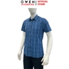 Áo sơ mi nam tay ngắn Owen AB260072NT màu xanh đậm kẻ caro dáng suông body fit tà bằng có túi chất liệu Bamboo polyester