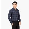 Áo Sơ Mi Nam Dài Tay Aristino ALS39102 màu xanh tím than kẻ trắng dáng ôm tà lượn không túi vải sợi sồi cao cấp
