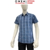 Áo sơ mi nam tay ngắn Owen AB263004NT màu xanh tím than kẻ caro dáng suông body fit tà bằng có túi chất liệu Bamboo polyester