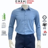 Áo Sơ Mi Nam Tay Dài Owen AS230662D màu xanh caro trắng dáng slim fit tà lượn không túi chất liệu bamboo poly