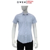 Áo sơ mi nam tay ngắn Owen AS250072N màu xanh nhạt in họa tiết dáng ôm slim fit tà lượn không túi Chất liệu bamboo poly