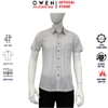 Áo sơ mi nam tay ngắn Owen AB250069NT màu be nhạt kẻ caro dáng suông body fit tà lượn có túi Chất liệu bamboo poly