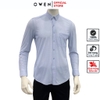 Áo Sơ Mi Nam Tay Dài Owen AR230523DT màu in xanh trắng Dáng regular fit tà lượn không túi chất liệu Knit