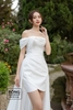 Váy cưới phi nhật body lửng nơ ngực phải tà xòe trắng HCD124
