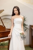 Váy cưới phi nhật dáng A trắng phối tay ren lông mi HCD110T