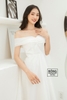 Váy cưới phi nhật trắng trễ vai phối voan xốp kèm nơ DC782