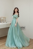 Váy cưới tơ trễ vai chéo xanh rêu HCD147XR