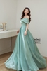 Váy cưới tơ trễ vai chéo xanh rêu HCD147XR