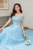 Váy cưới tơ trễ vai chéo xanh thiên thanh HCD147XTT