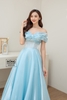 Váy cưới tơ trễ vai nơ nhún chéo xanh thiên thanh HCD146XTT