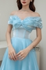 Váy cưới tơ trễ vai nơ nhún chéo xanh thiên thanh HCD146XTT