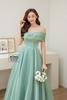 Váy cưới tơ trễ vai nơ xanh rêu HCD145XR