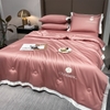 Bộ Chăn Ga Gối Phi Lụa Charming Nền Màu Hồng Phối Viền Màu Trắng - LCM04