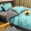 Bộ Chăn Ga Gối Cotton Tici Màu Xanh Phối Viền Bèo Máu Xám  - CTTC05